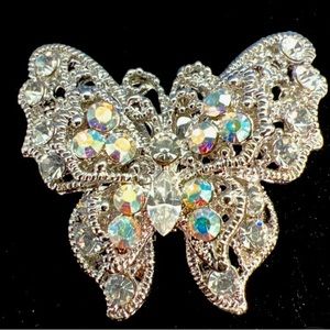 Vintage Silvertone Crystal Double Butterfly Brooch 1.25” wide